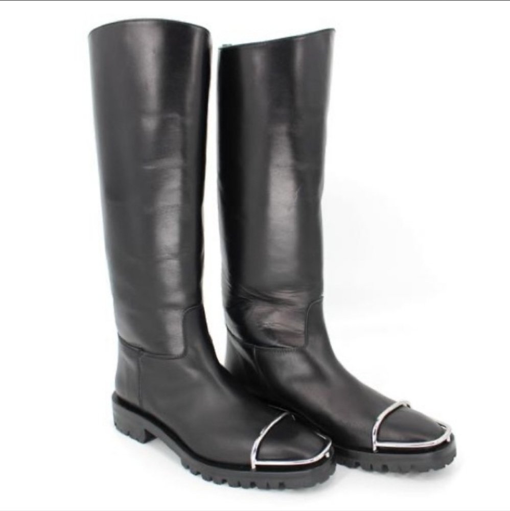 Alexander Wang Black Leather Knee-High Combat Boots with Silver Toe Caps
